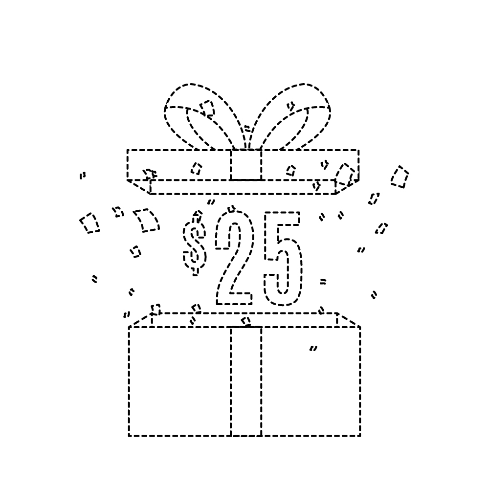 I need black and white screen shots like this sample for the Gift Tree - to show a present opening to depict a present opening with ribbon coming off, top coming off and showing a $25 gift in one box and a $50 gift in a second box with sparkles coming out logo design by KHAI