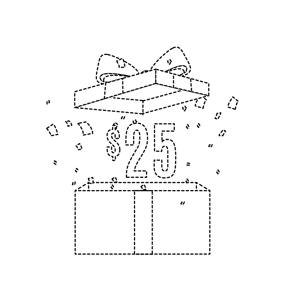 I need black and white screen shots like this sample for the Gift Tree - to show a present opening to depict a present opening with ribbon coming off, top coming off and showing a $25 gift in one box and a $50 gift in a second box with sparkles coming out logo design by KHAI