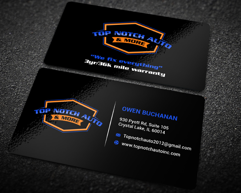 “Top Notch Auto & More” I don’t want the tires in it anymore. Looking for a new Modern look that is clean and eye catching and will be used in mailers, business cards, website and T-shirts. logo design by Boomstudioz