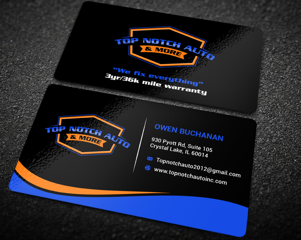 “Top Notch Auto & More” I don’t want the tires in it anymore. Looking for a new Modern look that is clean and eye catching and will be used in mailers, business cards, website and T-shirts. logo design by Boomstudioz