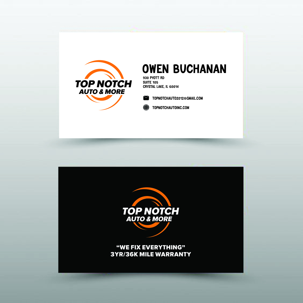 “Top Notch Auto & More” I don’t want the tires in it anymore. Looking for a new Modern look that is clean and eye catching and will be used in mailers, business cards, website and T-shirts. logo design by Shina