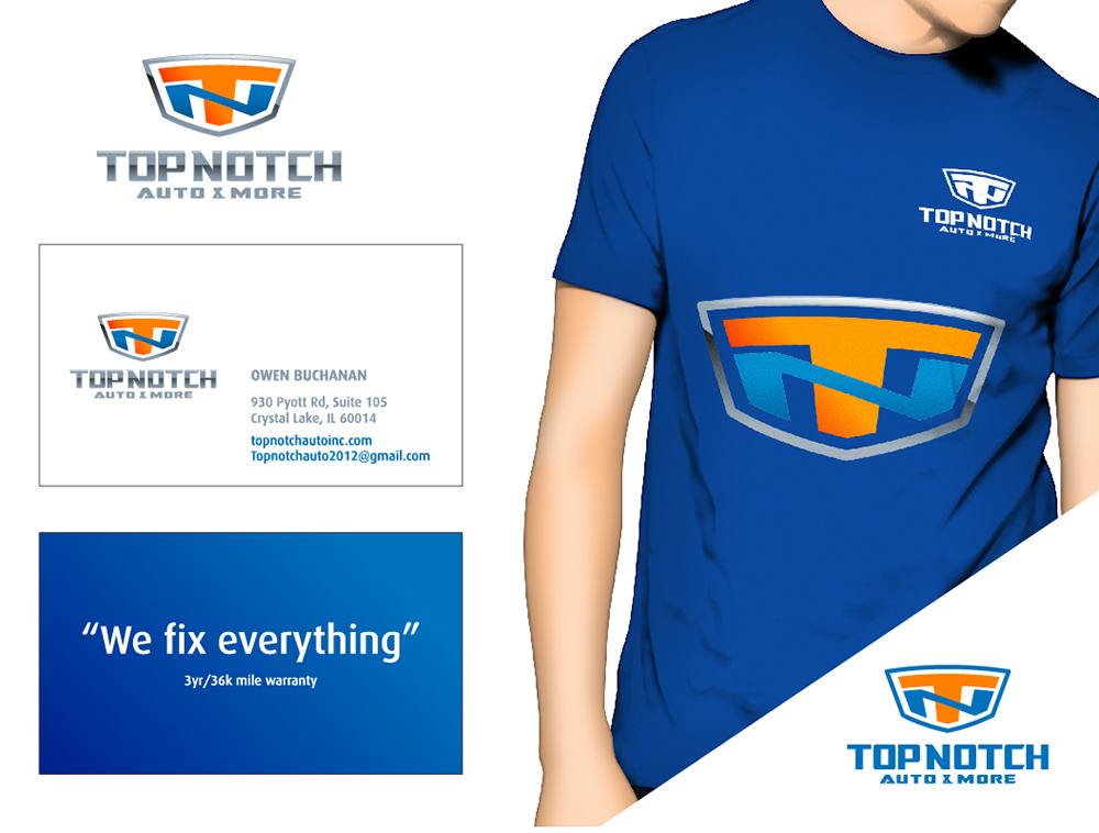 “Top Notch Auto & More” I don’t want the tires in it anymore. Looking for a new Modern look that is clean and eye catching and will be used in mailers, business cards, website and T-shirts. logo design by josephope