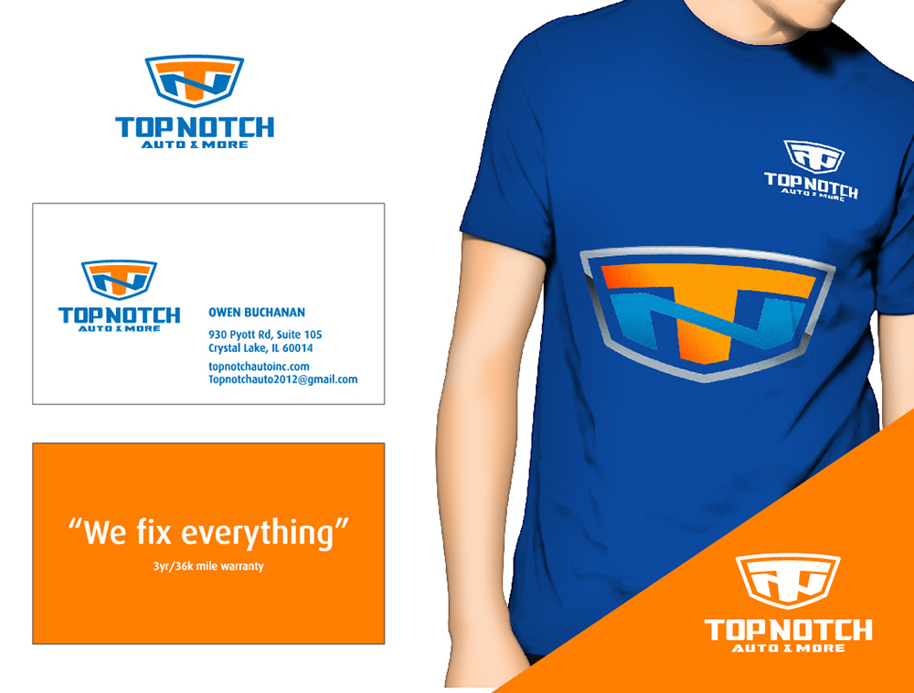 “Top Notch Auto & More” I don’t want the tires in it anymore. Looking for a new Modern look that is clean and eye catching and will be used in mailers, business cards, website and T-shirts. logo design by josephope