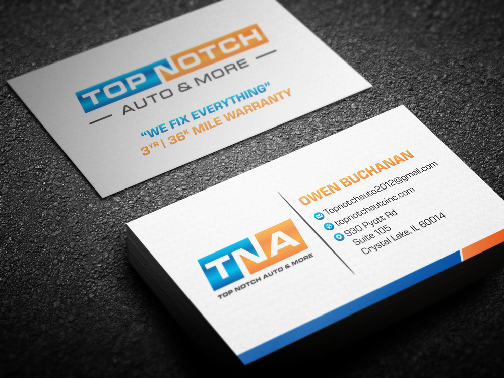 “Top Notch Auto & More” I don’t want the tires in it anymore. Looking for a new Modern look that is clean and eye catching and will be used in mailers, business cards, website and T-shirts. logo design by KHAI