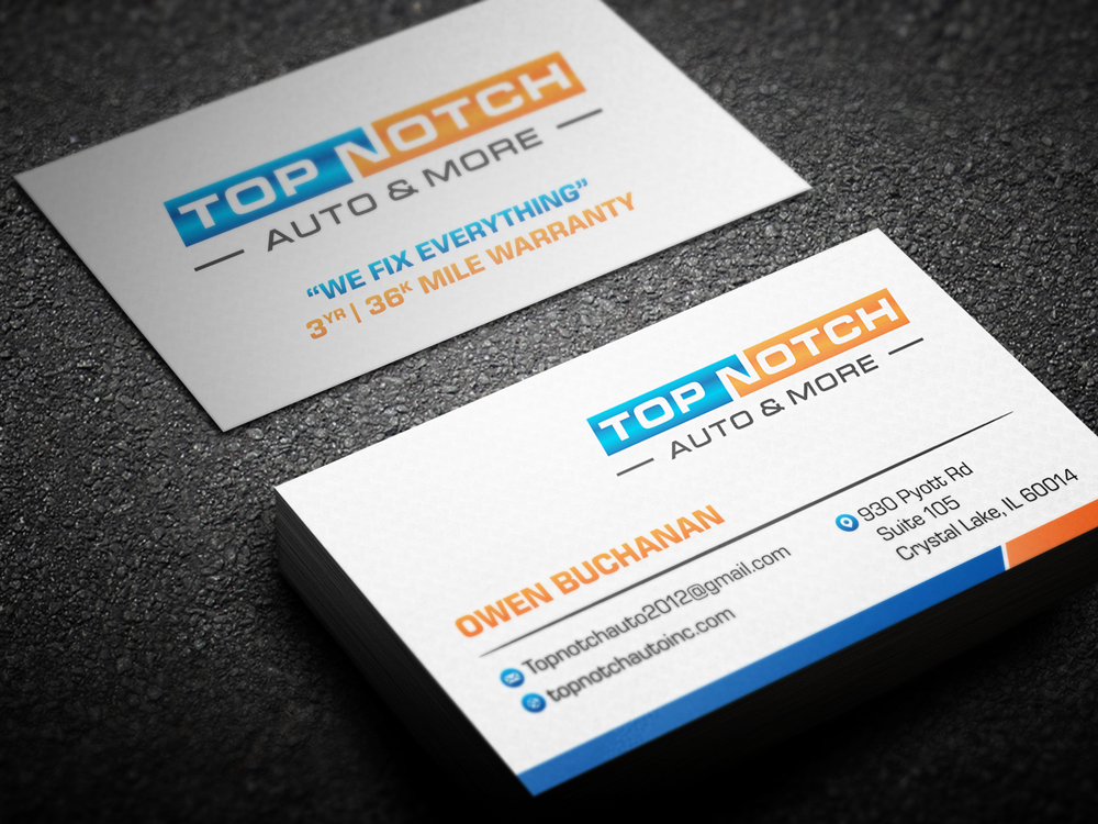 “Top Notch Auto & More” I don’t want the tires in it anymore. Looking for a new Modern look that is clean and eye catching and will be used in mailers, business cards, website and T-shirts. logo design by KHAI