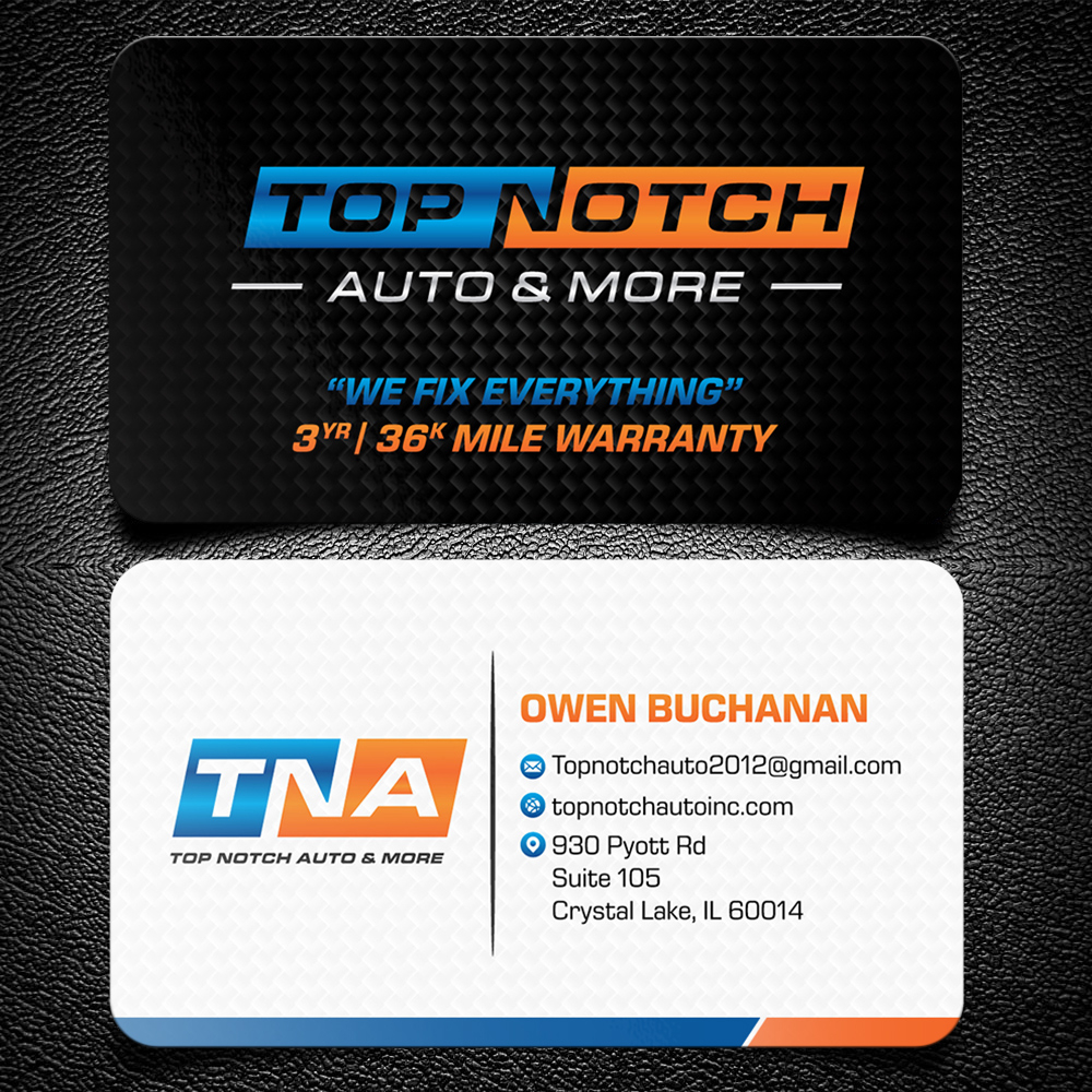 “Top Notch Auto & More” I don’t want the tires in it anymore. Looking for a new Modern look that is clean and eye catching and will be used in mailers, business cards, website and T-shirts. logo design by KHAI