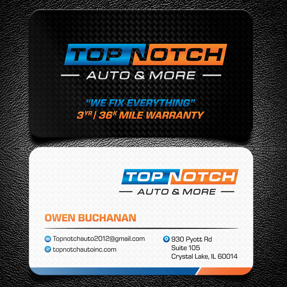 “Top Notch Auto & More” I don’t want the tires in it anymore. Looking for a new Modern look that is clean and eye catching and will be used in mailers, business cards, website and T-shirts. logo design by KHAI