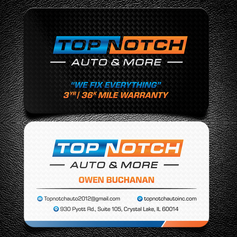 “Top Notch Auto & More” I don’t want the tires in it anymore. Looking for a new Modern look that is clean and eye catching and will be used in mailers, business cards, website and T-shirts. logo design by KHAI