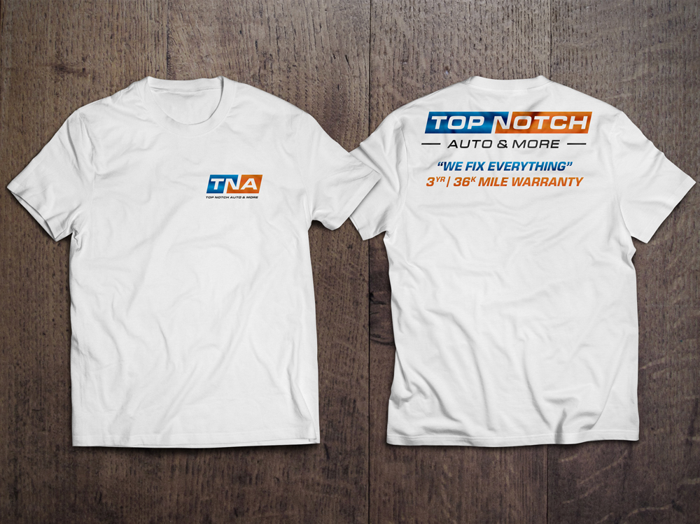 “Top Notch Auto & More” I don’t want the tires in it anymore. Looking for a new Modern look that is clean and eye catching and will be used in mailers, business cards, website and T-shirts. logo design by KHAI