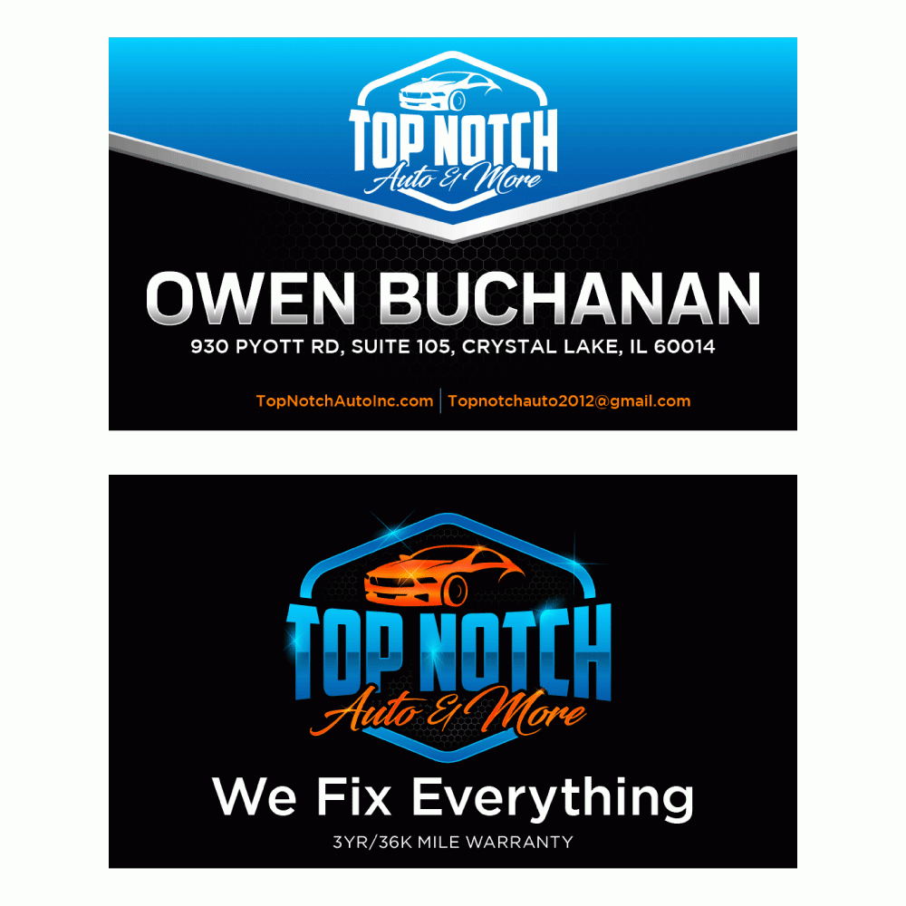 “Top Notch Auto & More” I don’t want the tires in it anymore. Looking for a new Modern look that is clean and eye catching and will be used in mailers, business cards, website and T-shirts. logo design by lestatic22