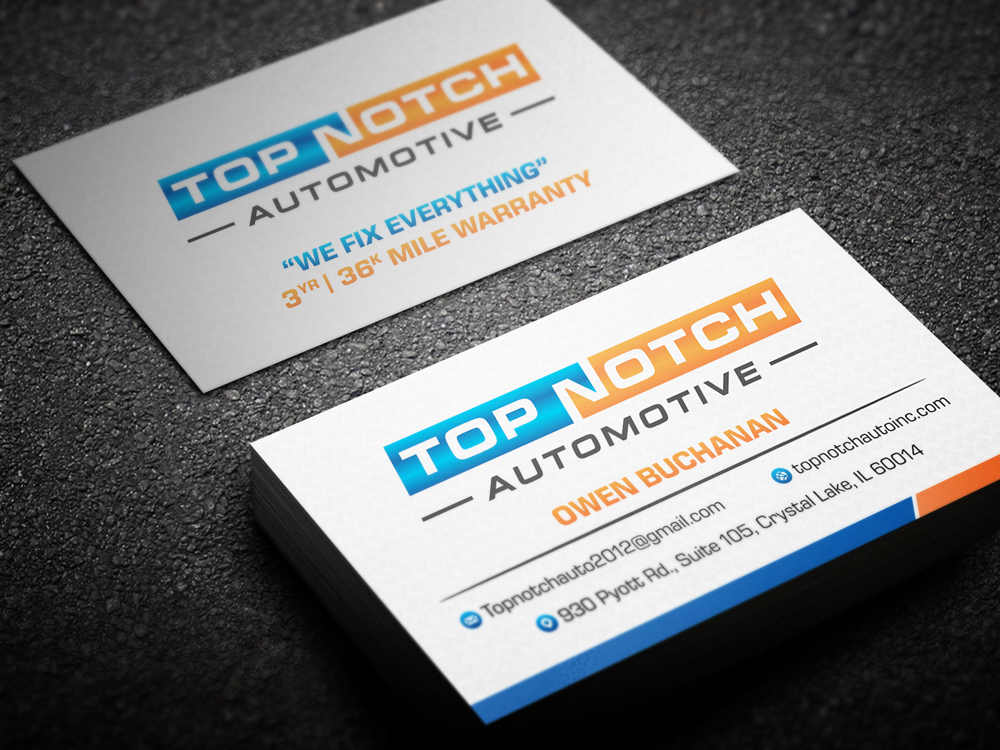 “Top Notch Auto & More” I don’t want the tires in it anymore. Looking for a new Modern look that is clean and eye catching and will be used in mailers, business cards, website and T-shirts. logo design by KHAI