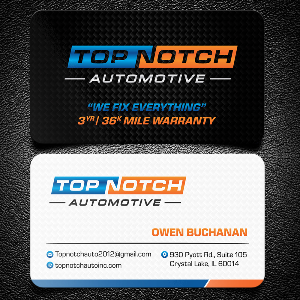 “Top Notch Auto & More” I don’t want the tires in it anymore. Looking for a new Modern look that is clean and eye catching and will be used in mailers, business cards, website and T-shirts. logo design by KHAI