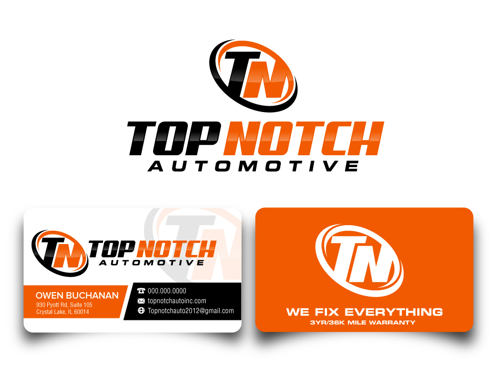 “Top Notch Auto & More” I don’t want the tires in it anymore. Looking for a new Modern look that is clean and eye catching and will be used in mailers, business cards, website and T-shirts. logo design by jaize