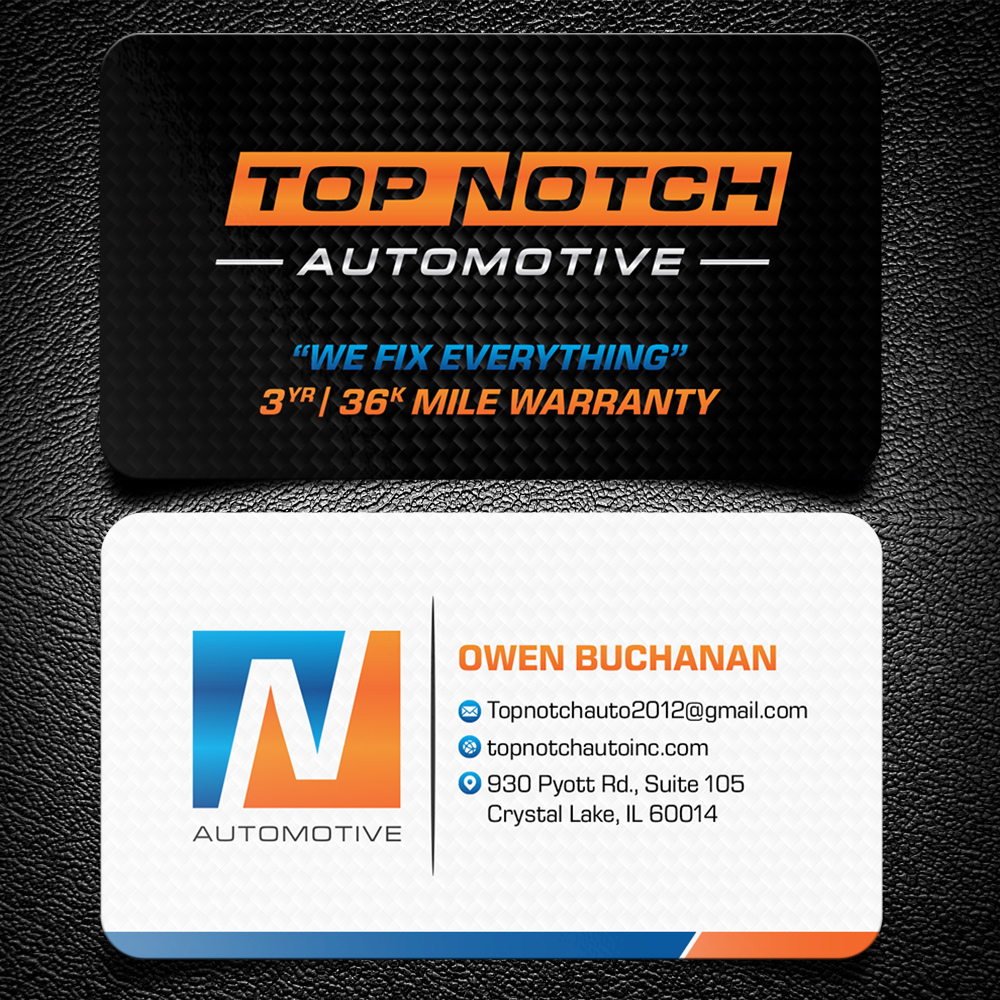 “Top Notch Auto & More” I don’t want the tires in it anymore. Looking for a new Modern look that is clean and eye catching and will be used in mailers, business cards, website and T-shirts. logo design by KHAI